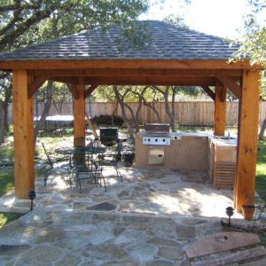 outdoor kitchen with rock path