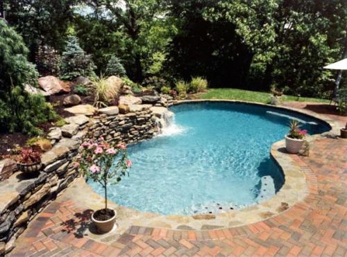 pool with stone work and a small tree